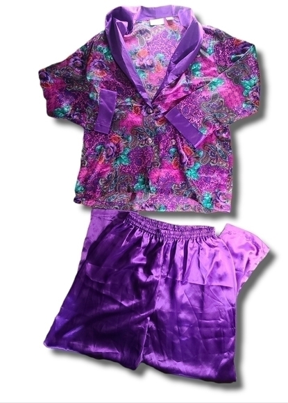 𝅺vs Vintage Purple Pink Green Floral Paisley Satin Pajama Set - Picture 1 of 7